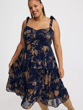 torrid Navy and Gold Floral Tiered Midi Dress